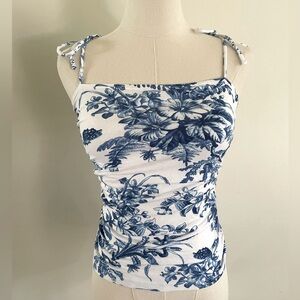 Maeve by Anthropologie Blue and White Floral Print Tie Shoulder Tank